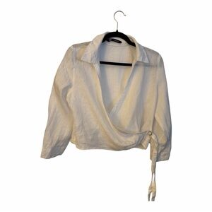 Zara White Wrap Blouse 100% Linen Size Medium